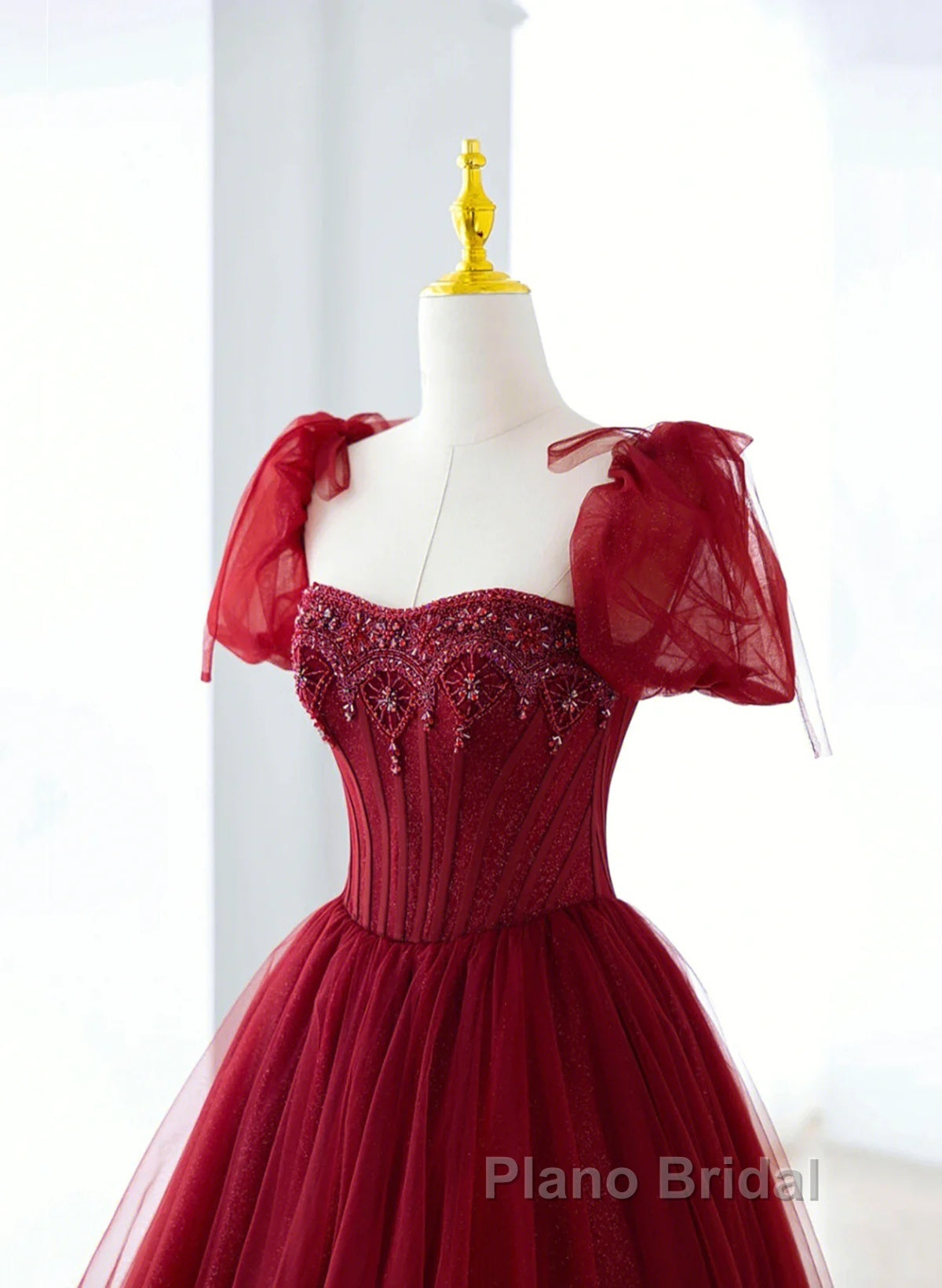 Wine Red Tulle Beaded Long Formal Prom Dresses, A-Line Sweetheart Formal Evening Dresses Secondary image