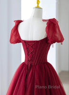 Wine Red Tulle Beaded Long Formal Prom Dresses, A-Line Sweetheart Formal Evening Dresses