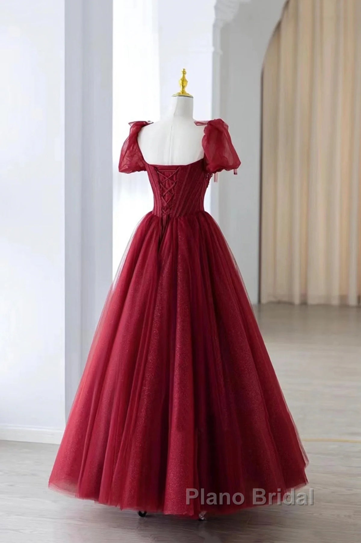Wine Red Tulle Beaded Long Formal Prom Dresses, A-Line Sweetheart Formal Evening Dresses