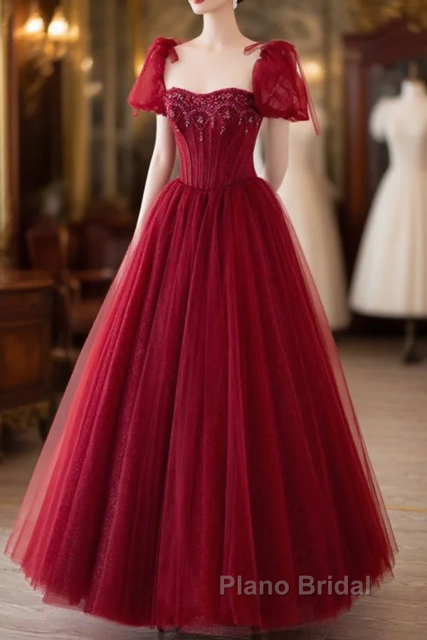 Wine Red Tulle Beaded Long Formal Prom Dresses, A-Line Sweetheart Formal Evening Dresses Main image