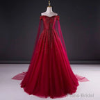 Wine Red Tulle Beaded Tulle Sparkle Long Prom Dress, Dark Red Sweet 16 Gown