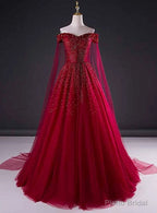 Wine Red Tulle Beaded Tulle Sparkle Long Prom Dress, Dark Red Sweet 16 Gown