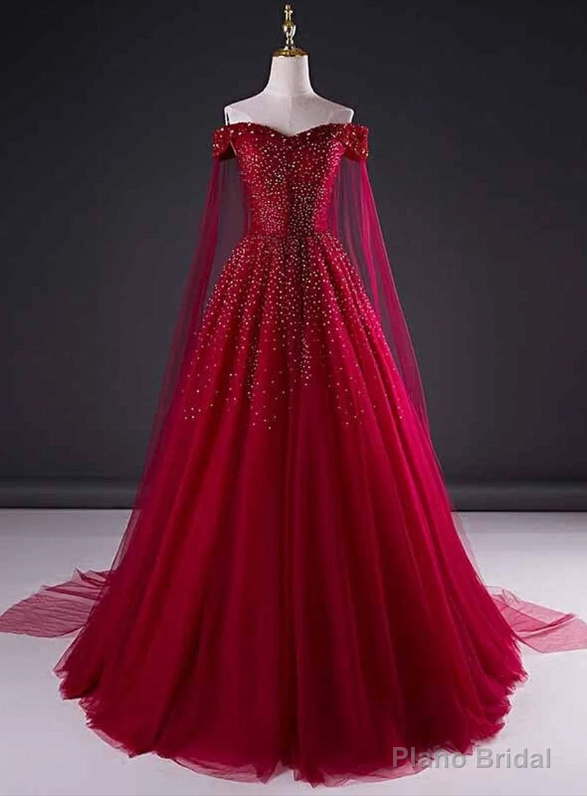 Wine Red Tulle Beaded Tulle Sparkle Long Prom Dress, Dark Red Sweet 16 Gown