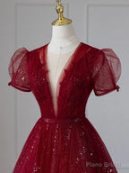 Wine Red Tulle Cap Sleeves Bridesmaid Dress, Wine Red Long Prom Dress