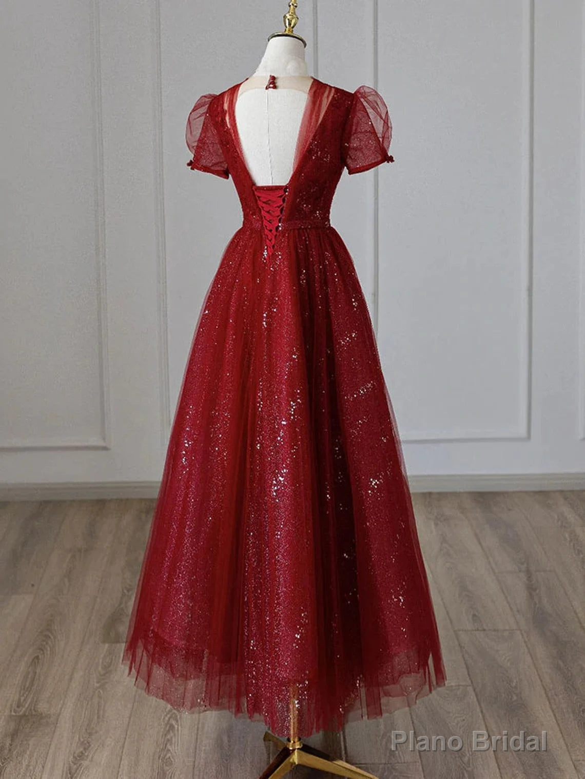 Wine Red Tulle Cap Sleeves Bridesmaid Dress, Wine Red Long Prom Dress Main image