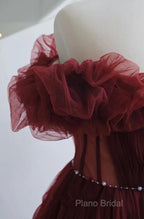 Wine Red Tulle Sequins Long Off Shoulder Party Dresses, Wine Red Tulle Formal Prom Dresses