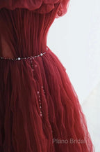 Wine Red Tulle Sequins Long Off Shoulder Party Dresses, Wine Red Tulle Formal Prom Dresses