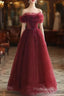 Wine Red Tulle Sequins Long Off Shoulder Party Dresses, Wine Red Tulle Formal Prom Dresses