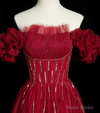 Wine Red Tulle Short Sleeves Beaded Party Dress, A-line Wine Red Prom Dress