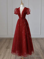 Wine Red Tulle Short Sleeves Long Party Dress Wine Red Evening Gown prom dresses shops