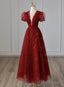 Wine Red Tulle Short Sleeves Long Party Dress Wine Red Evening Gown prom dresses shops