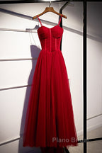 Wine Red Tulle Straps Long Sweetheart Party Dresses Formal Dresses, A-Line Dark Red Evening Dresses