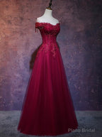 Wine Red Tulle Sweetheart Long Prom Dress, A-line Party Dress