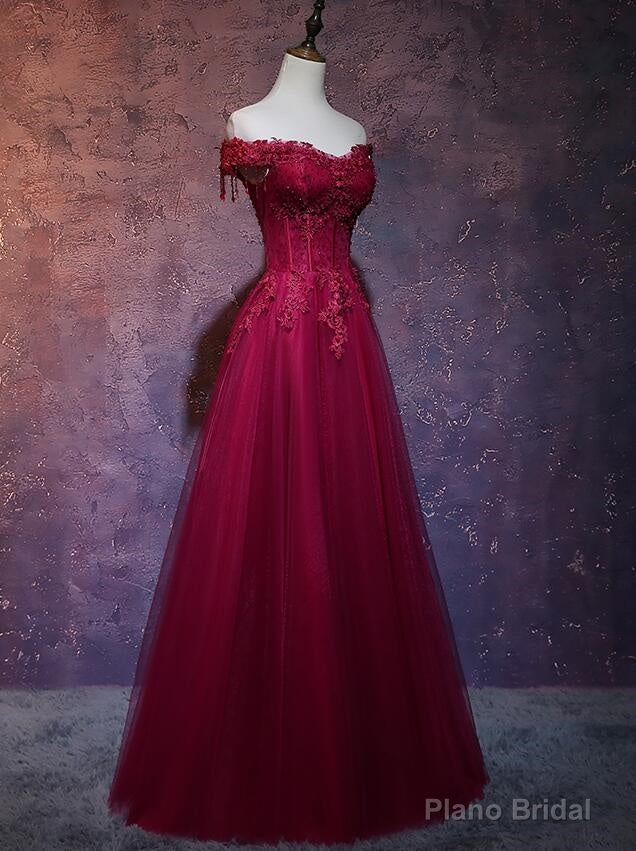 Wine Red Tulle Sweetheart Long Prom Dress, A-line Party Dress