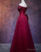 Wine Red Tulle Sweetheart Long Prom Dress, A-line Party Dress