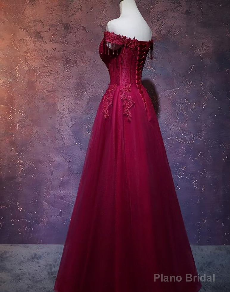 Wine Red Tulle Sweetheart Long Prom Dress, A-line Party Dress