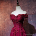Wine Red Tulle Sweetheart Long Prom Dress, A-line Party Dress