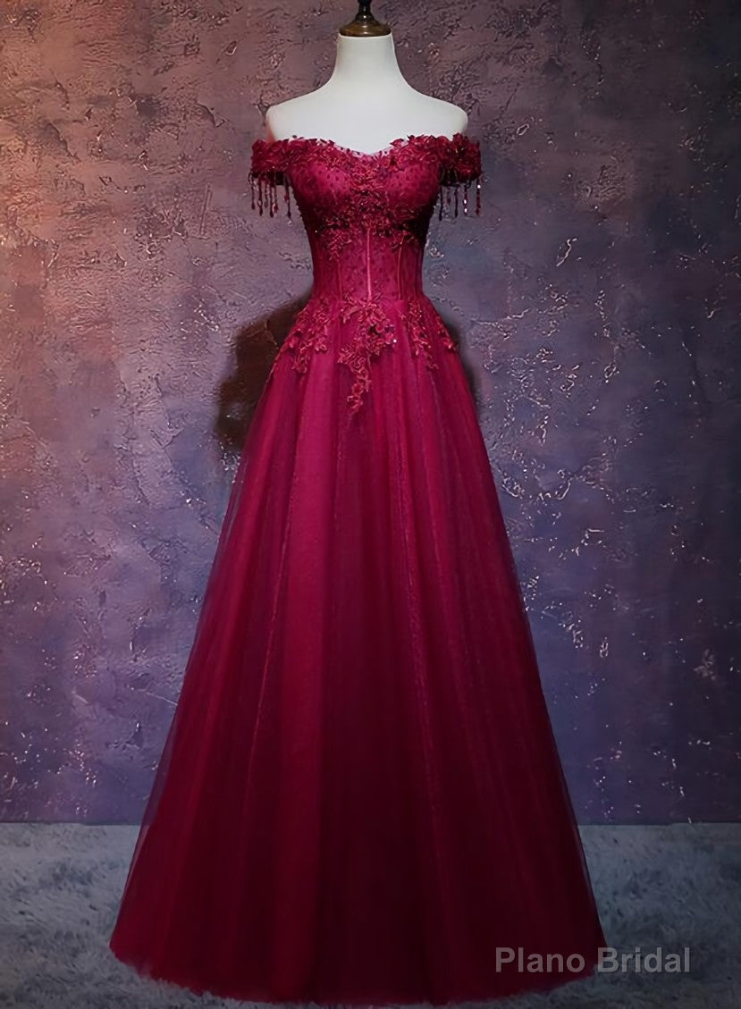 Wine Red Tulle Sweetheart Long Prom Dress, A-line Party Dress