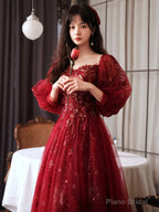 Wine Red Tulle Sweetheart Off Shoulder Party Dress, Wine Red Tulle Evening Dress