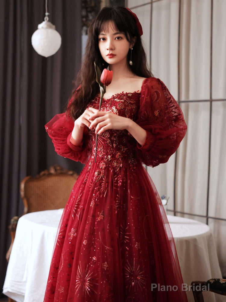 Wine Red Tulle Sweetheart Off Shoulder Party Dress, Wine Red Tulle Evening Dress