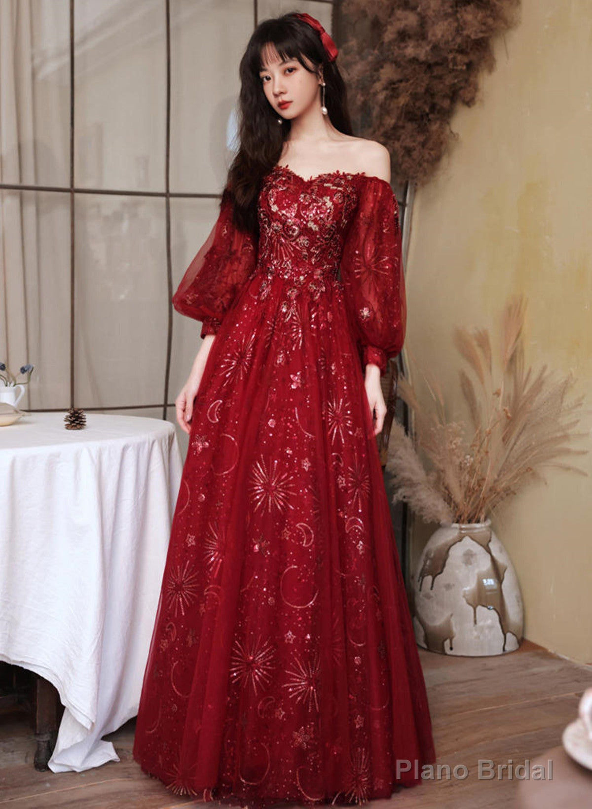 Wine Red Tulle Sweetheart Off Shoulder Party Dress, Wine Red Tulle Evening Dress Main image
