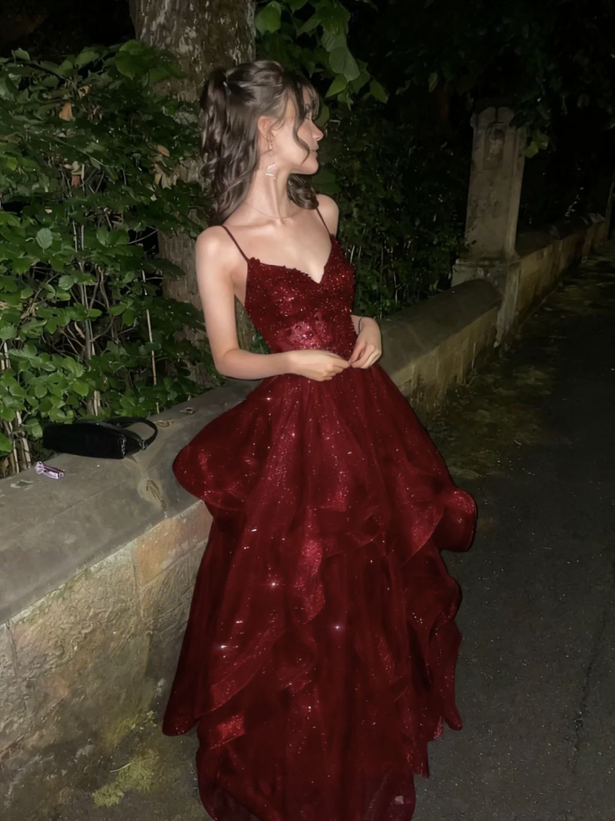 Wine Red Tulle V-Neckline With Lace Applique Formal Prom Dresses, WIne Red Long Formal Dresses