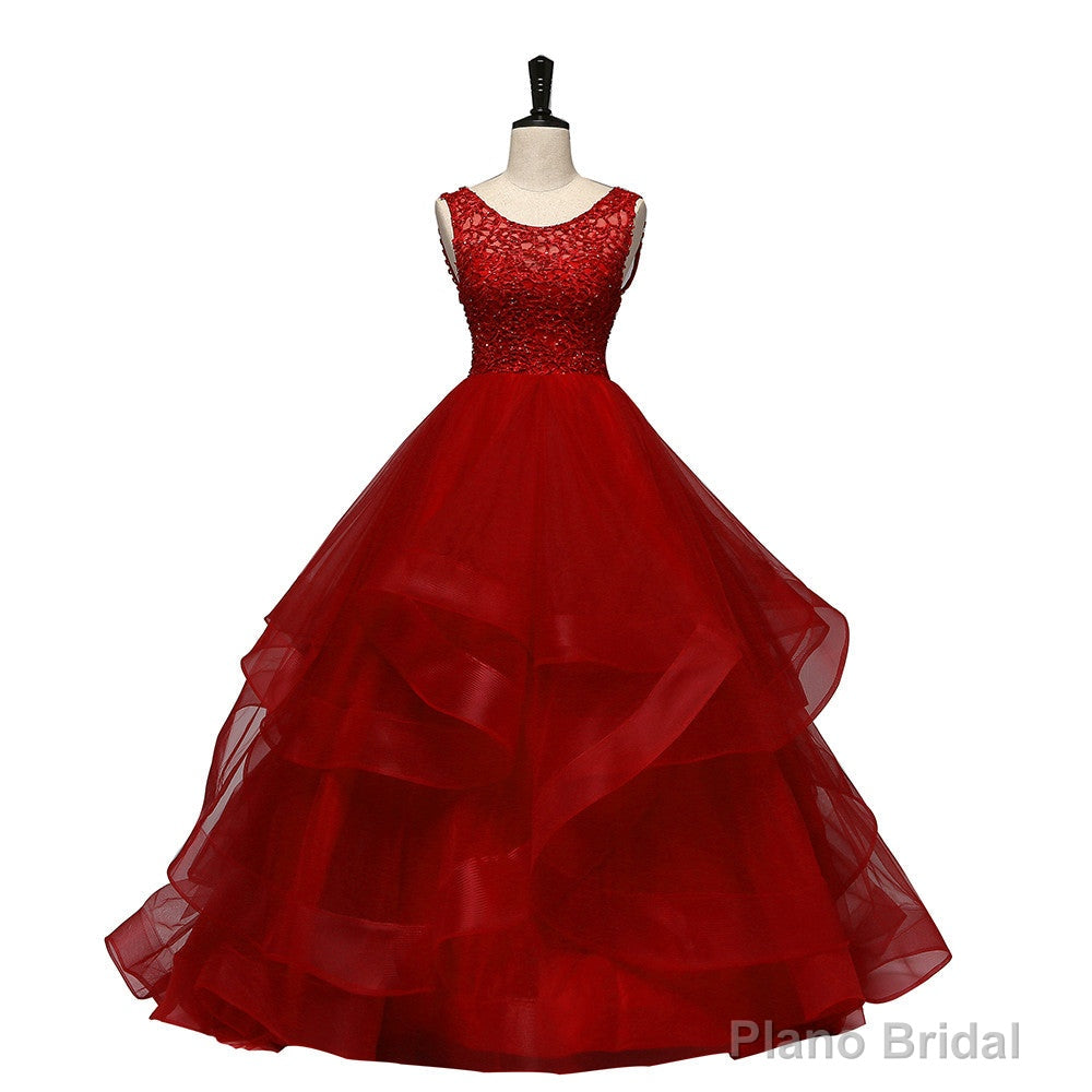 Wine Red Tulle with Lace Layers Ball Gown Sweet 16 Dress, Long Formal Dress Prom Dress Main image
