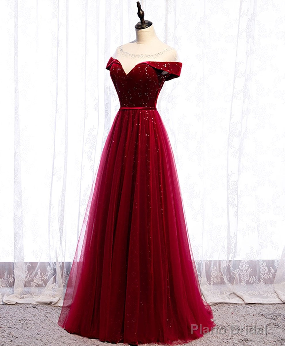 Wine Red Tulle with Velvet Long Party Dress, Wine Red Formal Dress Prom Dress Main image