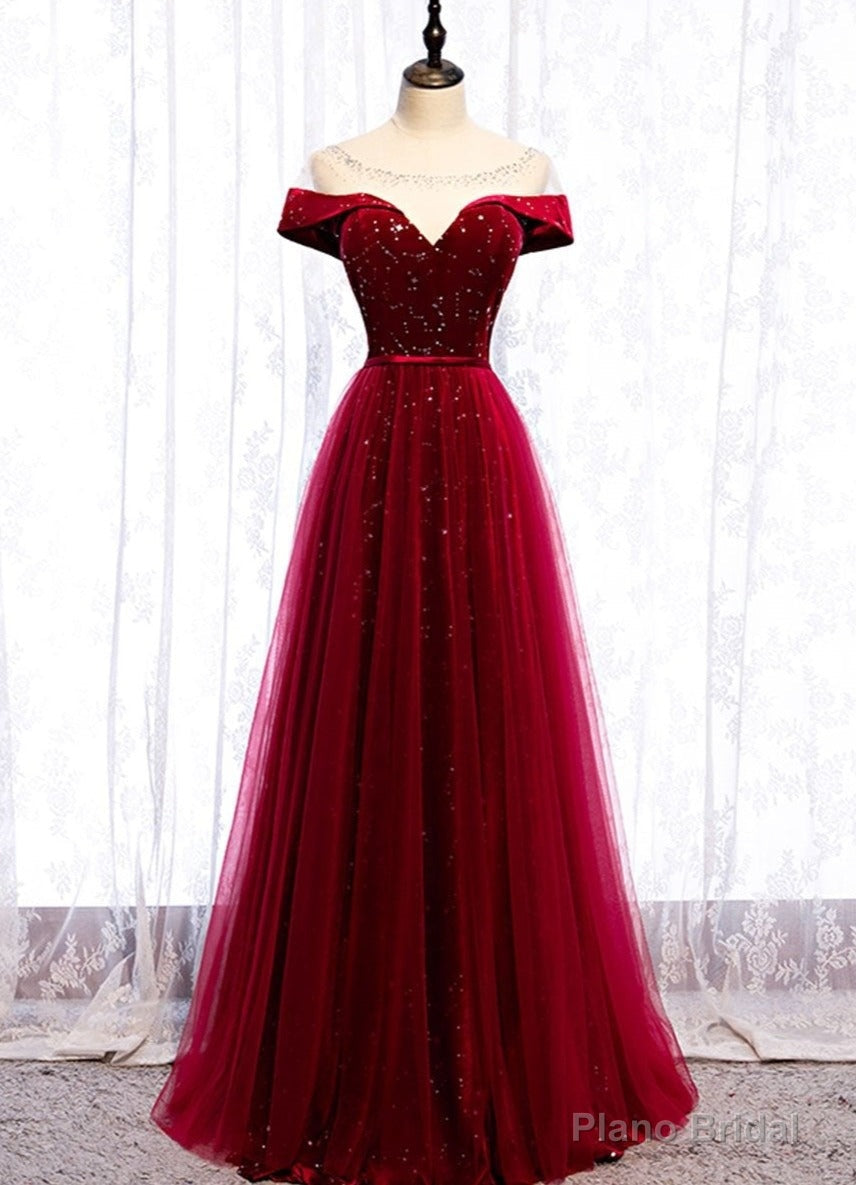 Wine Red Tulle with Velvet Long Party Dress, Wine Red Formal Dress Prom Dress