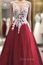 Wine Red Tulle With White Lace V-Neckline Formal Prom Dresses, Wine Red Long Evening Dresses