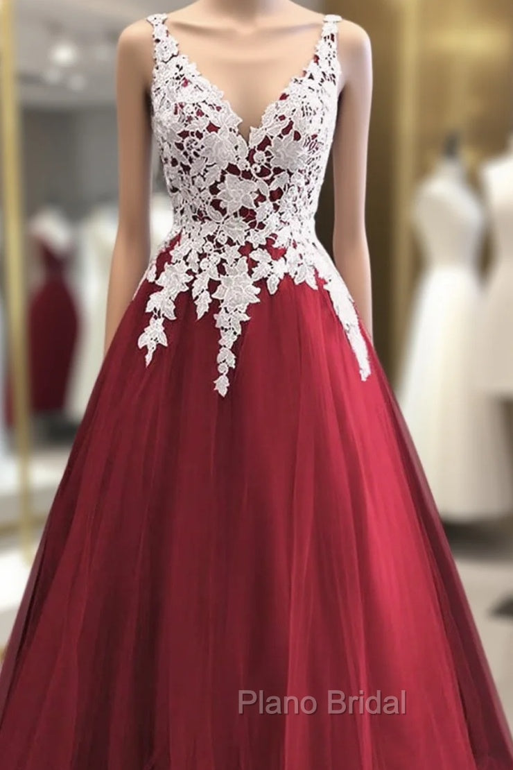 Wine Red Tulle With White Lace V-Neckline Formal Prom Dresses, Wine Red Long Evening Dresses Main image