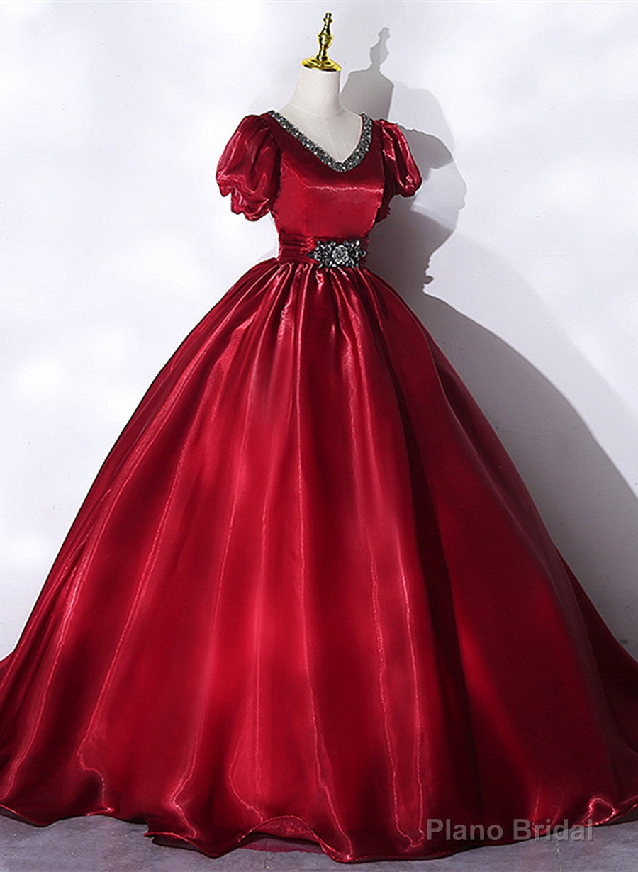 Wine Red V-neckline Beaded Ball Gown Prom Dress, Wine Red Sweet 16 Dress Main image