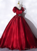 Wine Red V-neckline Beaded Ball Gown Prom Dress, Wine Red Sweet 16 Dress