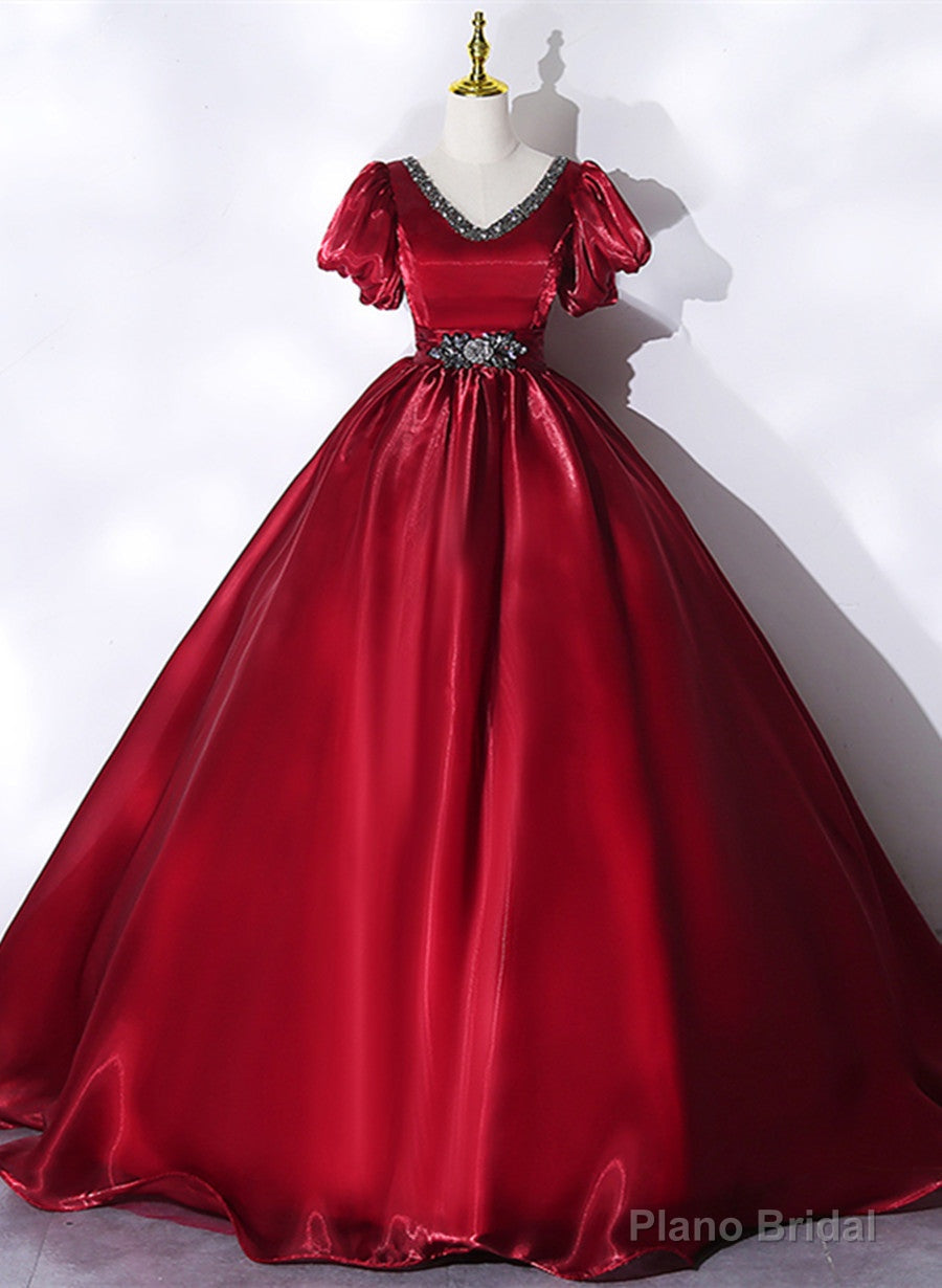 Wine Red V-neckline Beaded Ball Gown Prom Dress, Wine Red Sweet 16 Dress Secondary image