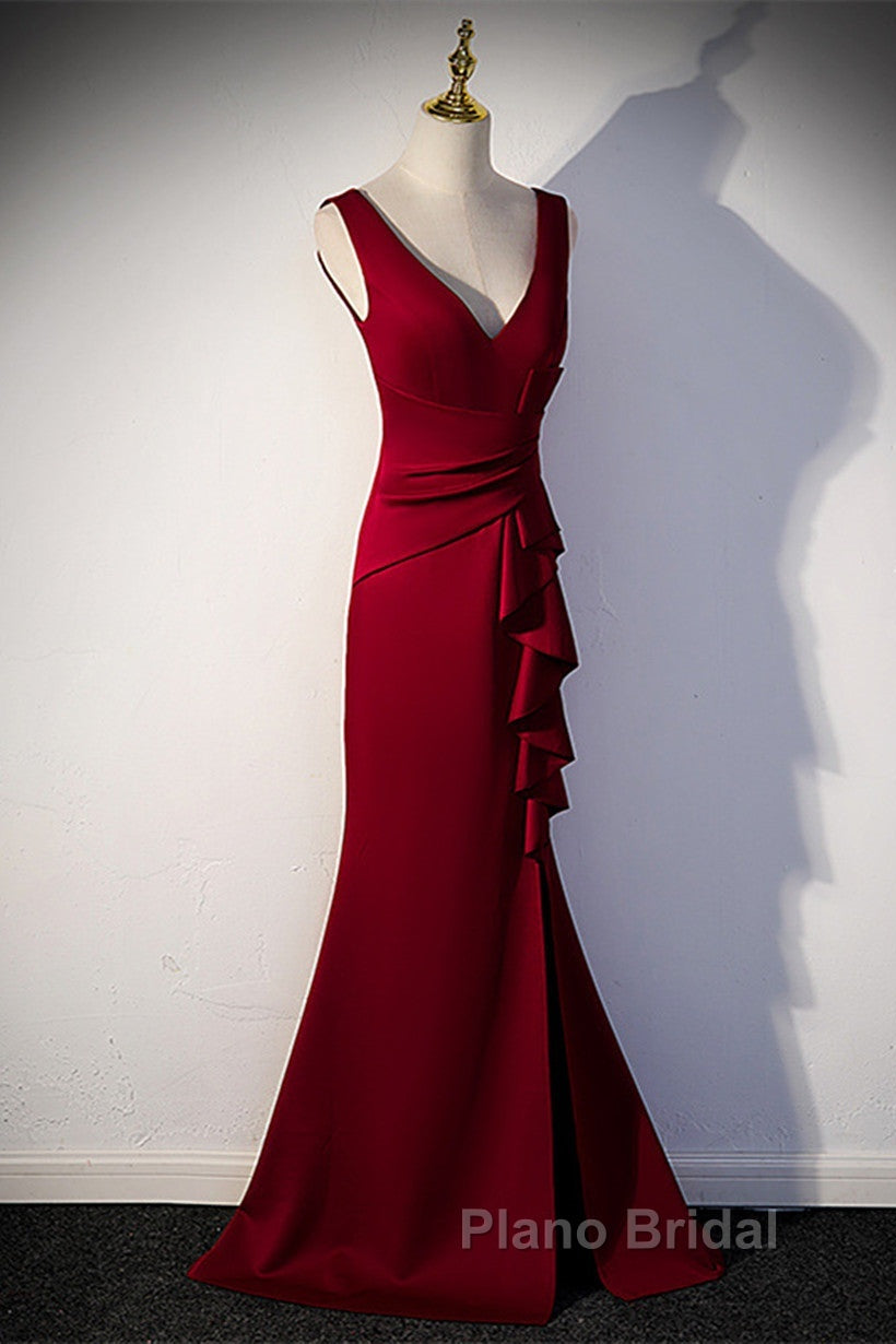 Wine Red V-Neckline Mermaid Long Party Dresses With Leg Slit, Wine Red Formal Prom Dresses Secondary image