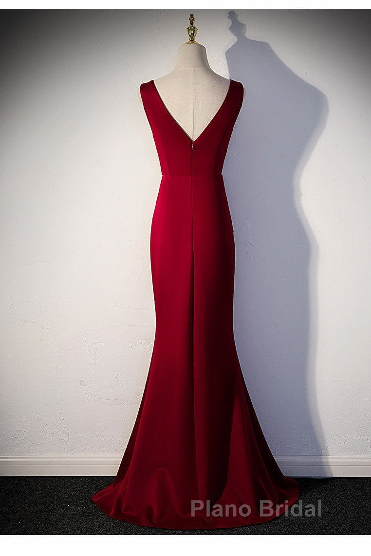 Wine Red V-Neckline Mermaid Long Party Dresses With Leg Slit, Wine Red Formal Prom Dresses