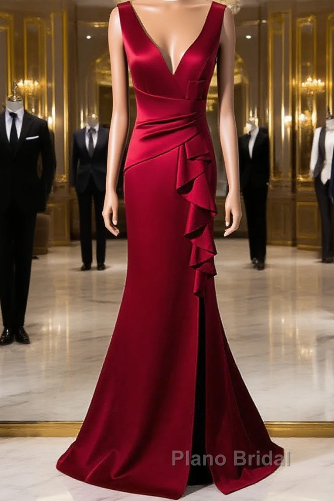Wine Red V-Neckline Mermaid Long Party Dresses With Leg Slit, Wine Red Formal Prom Dresses