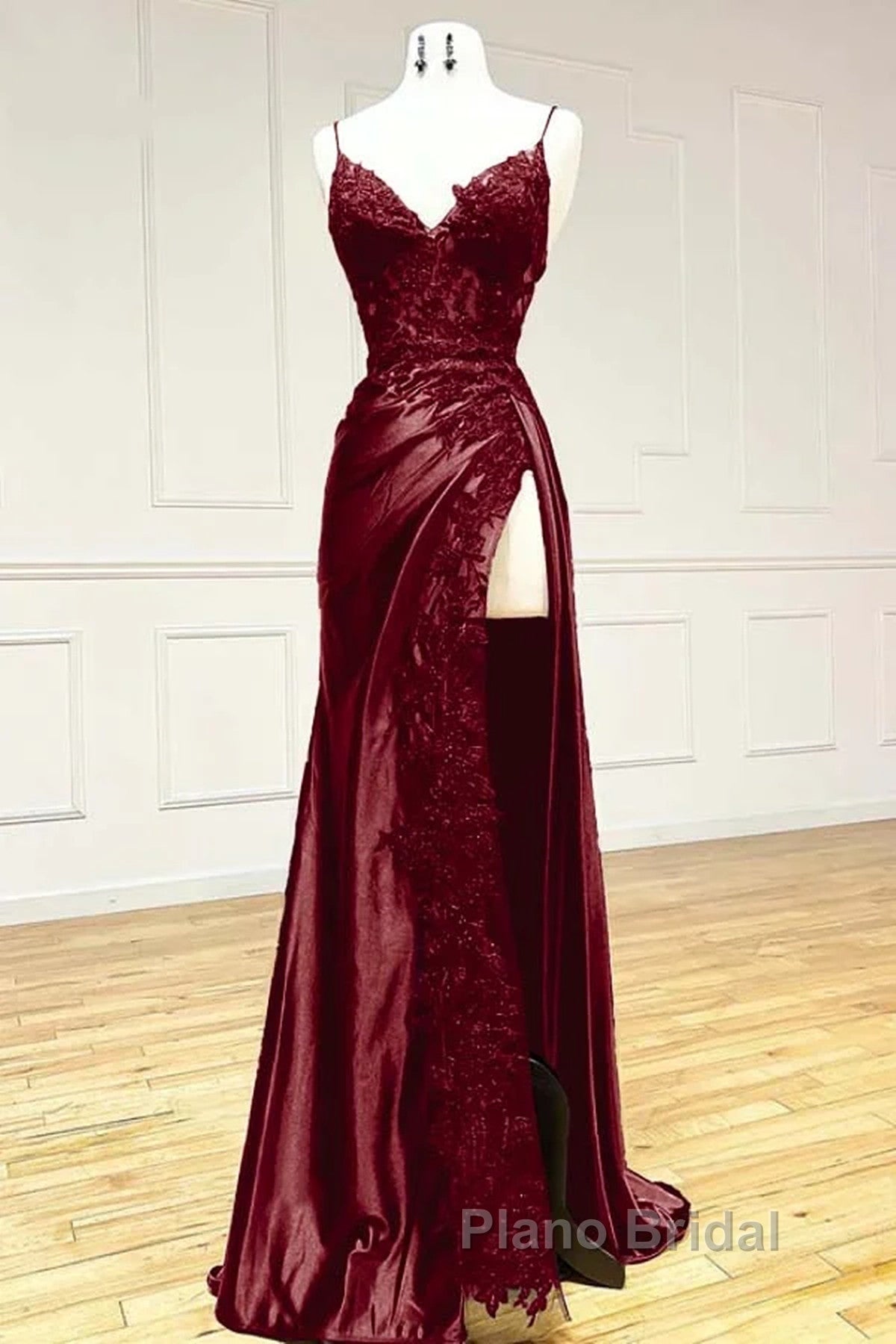 Wine Red V-Neclline Satin With Lace Long Formal Prom Dresses, Wine Red Leg Slit Party Dresses Secondary image