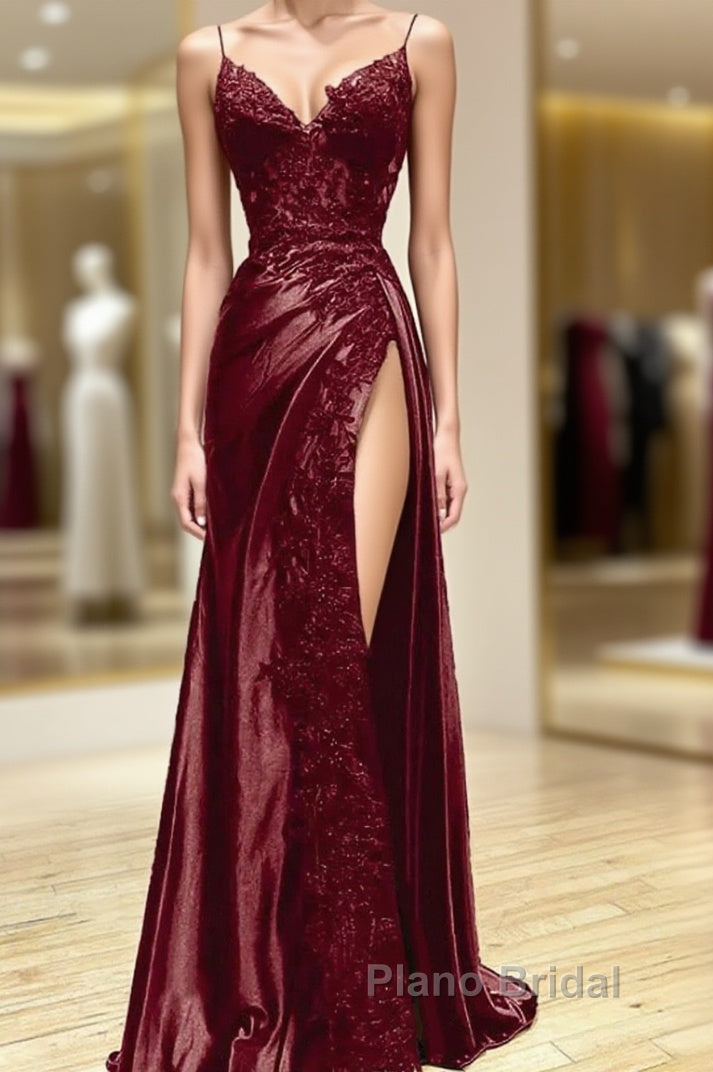 Wine Red V-Neclline Satin With Lace Long Formal Prom Dresses, Wine Red Leg Slit Party Dresses Main image