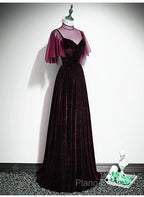 Wine Red Velvet A-Line Long High Neckline Party Dresses, Wine Red Long Bridesmaid Dresses