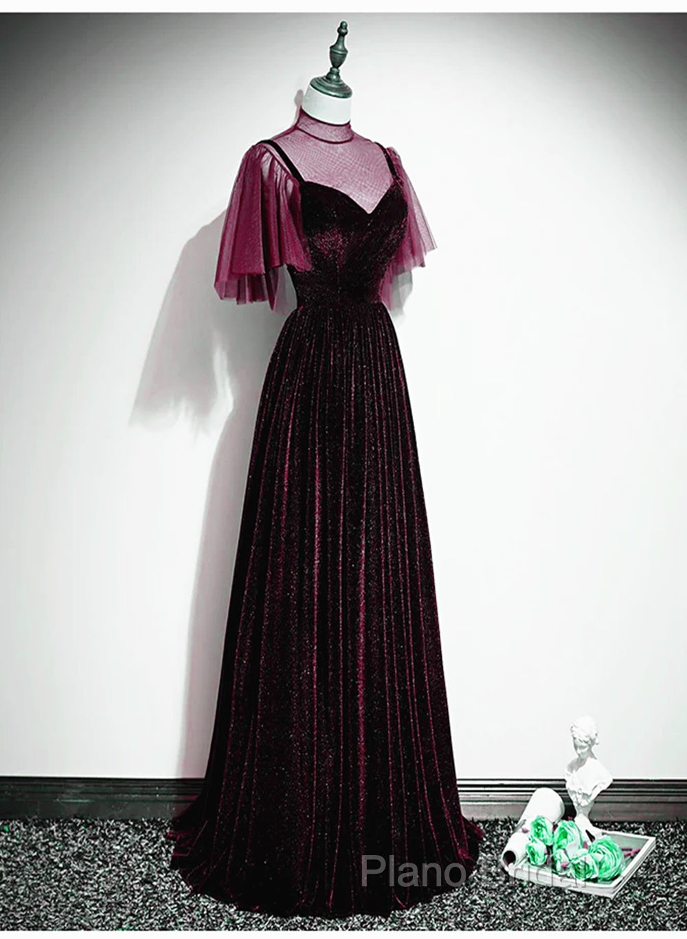 Wine Red Velvet A-Line Long High Neckline Party Dresses, Wine Red Long Bridesmaid Dresses Secondary image