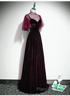 Wine Red Velvet A-Line Long High Neckline Party Dresses, Wine Red Long Bridesmaid Dresses