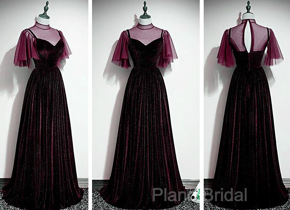 Wine Red Velvet A-Line Long High Neckline Party Dresses, Wine Red Long Bridesmaid Dresses