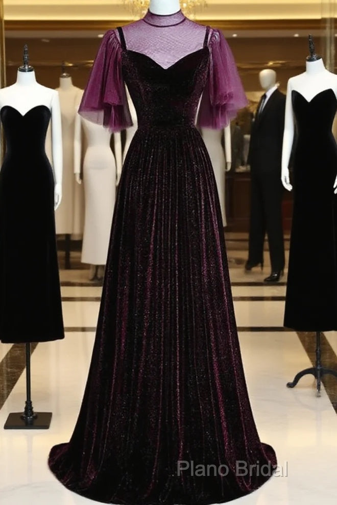 Wine Red Velvet A-Line Long High Neckline Party Dresses, Wine Red Long Bridesmaid Dresses Main image