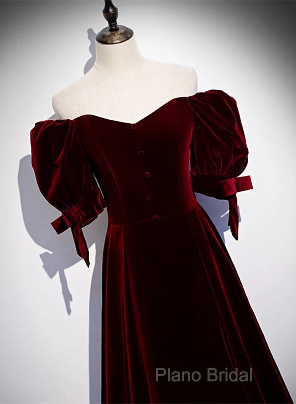 Wine Red Velvet A-Line Simple Party Dresses, Wine Red Velvet Long Formal Prom Dresses Secondary image