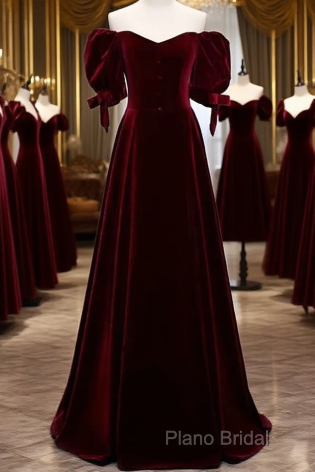 Wine Red Velvet A-Line Simple Party Dresses, Wine Red Velvet Long Formal Prom Dresses Main image