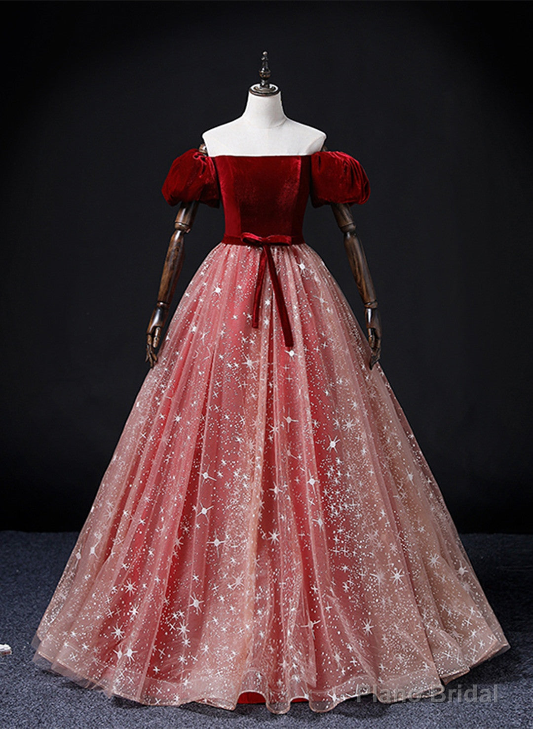 Wine Red Velvet and Pink Tulle Off Shoulder Formal Dress, Pink Sweet 16 Dresses Main image