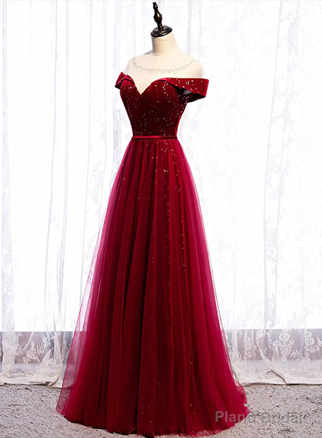Wine Red Velvet and Tulle Long Prom Dress, A-line Wine Red Floor Length Prom Dress Main image