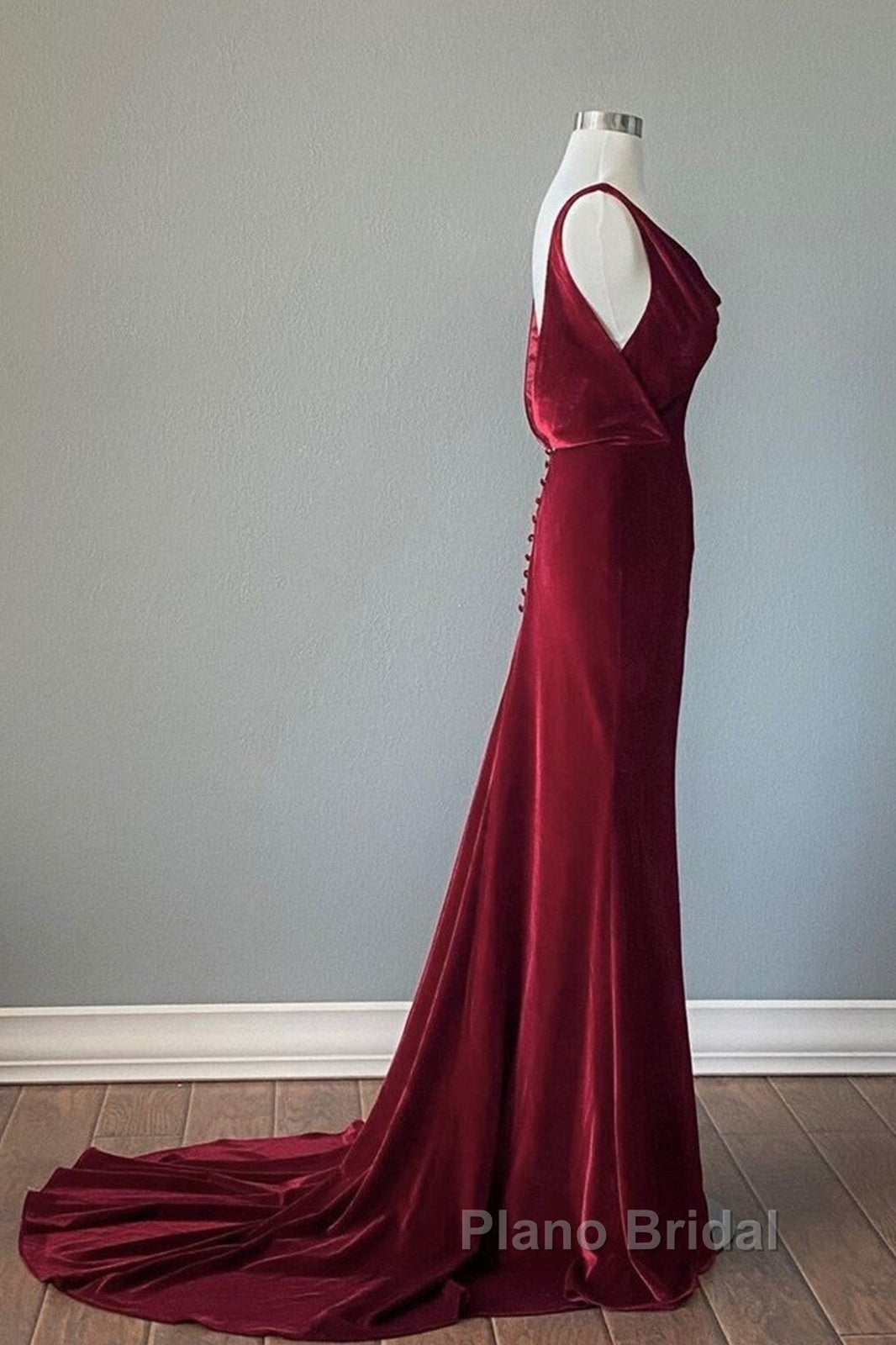 Wine Red Velvet Backless Straps Formal Prom Dresses, Wine Red Velvet Party Dresses