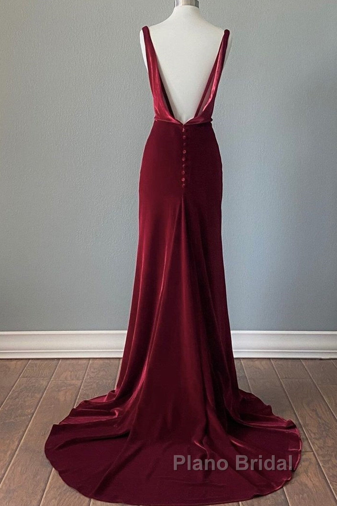 Wine Red Velvet Backless Straps Formal Prom Dresses, Wine Red Velvet Party Dresses